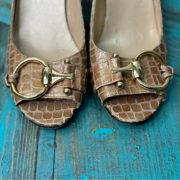 Stuart Weitzman Snake Print Tan Beige Leather Peep Toe Heels Size 8 - Picture 4 of 11